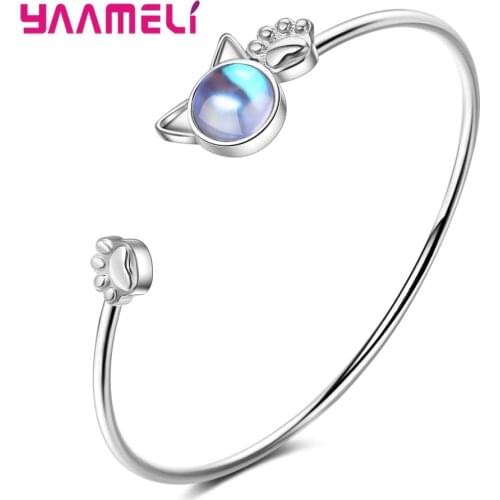 S925 Cute Cat Cuff Bracelets For Woman Girls Animal Round Open Bangle Bracelets Fashion Jewelry Girlfriend Gift