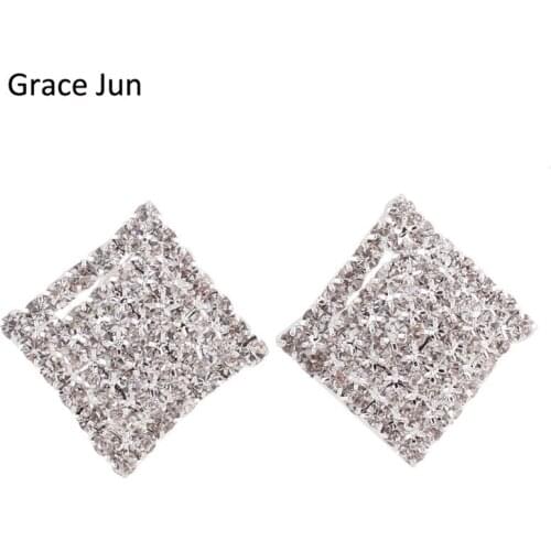 Grace Jun Bridal Crystal Rhinestone Large Double Square Clip on Earrings for Women Party Fine Jewelry No Hole Ear Clip Hot Sale