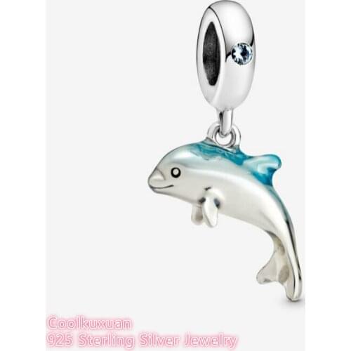 100% Original 925 Sterling Silver Shimmering Dolphin Dangle Charm beads Fits bracelets Jewelry Summer