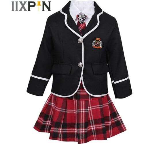 IIXPIN kids costume School Girls Uniform British Style Anime Cosplay Costume Long Sleeve Coat with Shirt Tie Mini Skirt For Girl