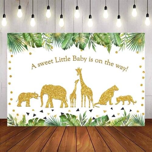Safari Baby Shower Backdrop Golden Glitter Animals Watercolor Plam Tress Baby Shower Background for Photography Jungle baby