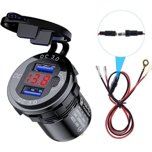 Metal 12V 24V QC3.0 Dual USB Car Charger Fast Charge LED Voltmeter Switch Cable T3EF