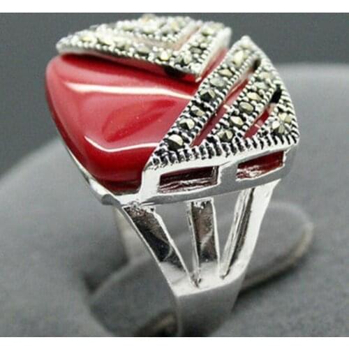 Fashion jewelry Free Shipping New Design 14*15mm Square Red Coral Marcasite Sterling Silver Ring Size