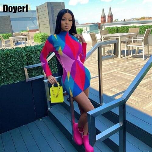 Long Sleeve Print Bodycon Dress Women Autumn Fashion Elastic Tight Sheath Short Bandage Mini Dress Sexy Night Club Party Dress