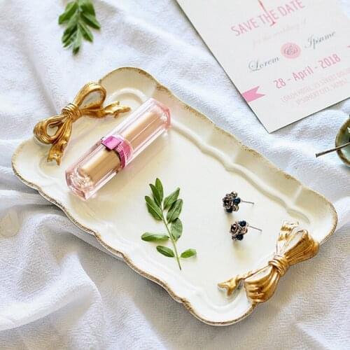 European Style Bow Cake Storage Trays Makeup Organizer Dessert Plate Square Decor Tray Kitchen Storage Trays 12x20Cm