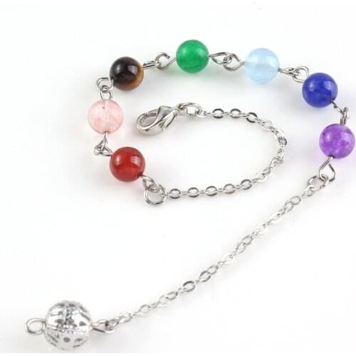 KFT Wholesale 10 Pcs Silver Plated 7 Chakra Round Stone Beads ReiKi Chakra Pendulum Chain Necklace For Divination Dowsing
