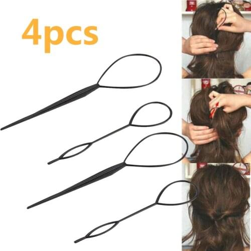 4pcs/1set Black Tail Hair Braid Plastic Bendable Scrunchies Ponytail Maker Hair Puller Hair Styling Tools Girls Hair Accessories