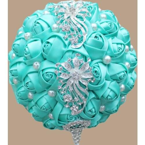 Luxury Bridal Bridemaids Bouquet tiffany blue Flower Rhinestone Brooch Wedding Bouquets Floral Satin Rose Flowers Holding Flower
