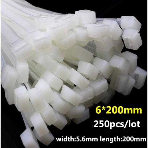 250pcs/lot 6*200mm Black/White Self Locking Cable Tie High Quality Nylon Fasten Zip Wire Wrap Strap 5.6mm width 200mm