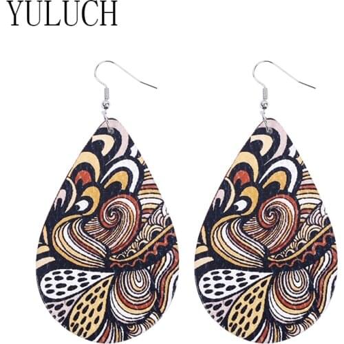 YULUCH Natural wood printing water drop pendant earrings girl elegant flower pattern jewelry ladies simple accessories