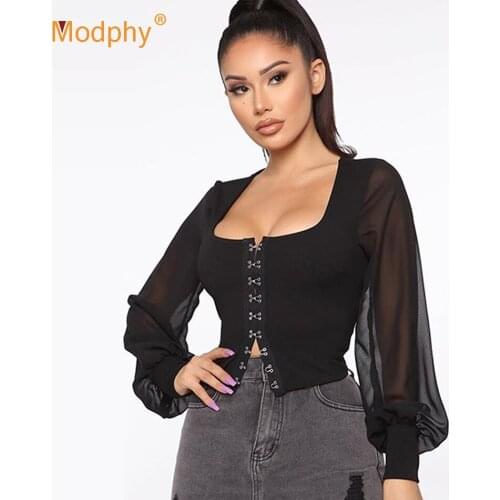Mesh Lace Patchwork Shirt Female Square Collar Lantern Sleeve Woman Blouses 2020 Autumn Korean Fashion Clothing New