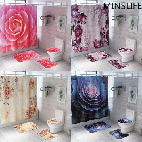 Blue Pink Flowers In Full Bloom Print Shower Curtain Carpet Cover Toilet Cover Bath Mat Pad Set Bathroom Curtains with 12 Hooks