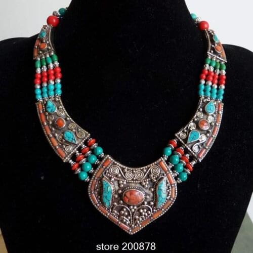 TNL151 Master Design Nepal Indian brass inlaid Stone coral pendant necklace Multi Statements Big Pendants BOHO Necklace
