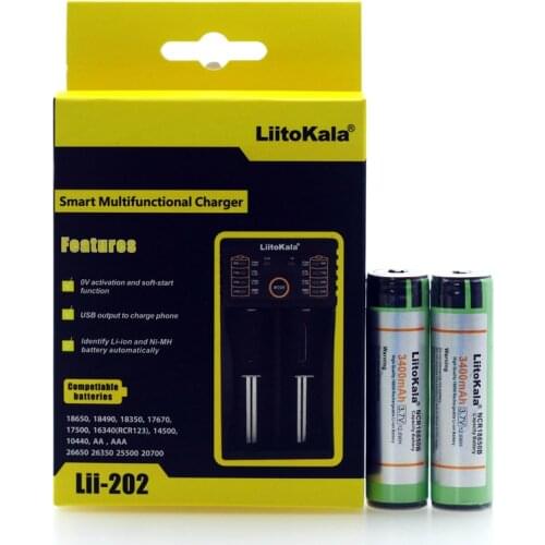 Liitokala Lii-202 1.2V 3.2V 3.7V 26650 Charger+2PCS Original NCR18650B 3400mAh 18650 Rechargeable Battery+PCB For Panasonic