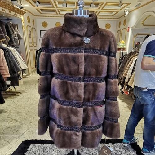 WINTER PALACE 2020 Fashion Winter Medium Length Import Mink Coat Standing Collar Young Slim Stitching Real mink Fur Coat Warm
