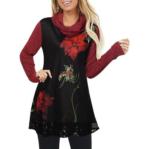 2021 woman tshirts Long Sleeve Mock Neck Patchwork t shirt Floral Print Pullover Tunic Top t shirt women mujer camisetas 2020