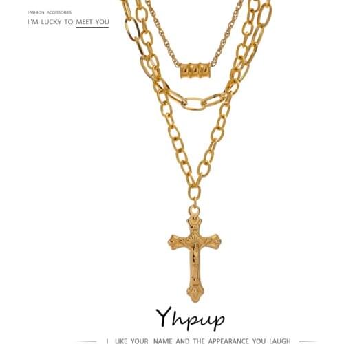 Yhpup New Stainless Steel Cross Pendant Necklace for Women Golden Metal Layered Collar Necklace Statement Jewelry Party Gift