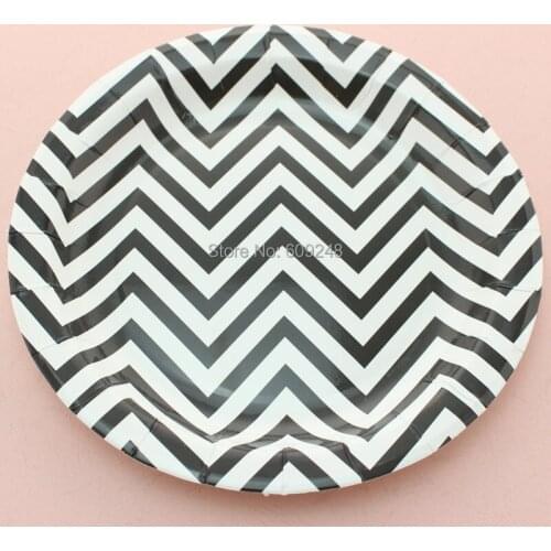 24pcs 9" Eco Friendly Birthday Halloween Holiday Black Chevron Paper Plates Bulk Round Party Dessert Paper Dishes Wholesale