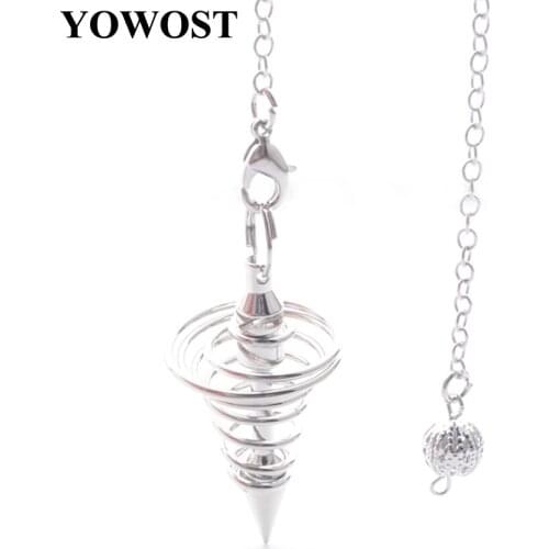 3pcs Spiral Cone Silvers Pyramid Pendulums Dowsing Divination Spiritual Amulet Pendant Pendule Radiesthesia Chain 17.5cm QN3820