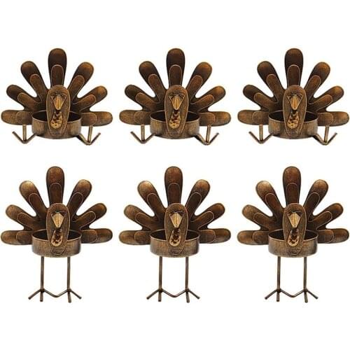 6Pcs Metal Standing Turkey Tea Light Candle Holder Thanksgiving Candle Holder Holiday Atmosphere Table Decoration (No Candles)