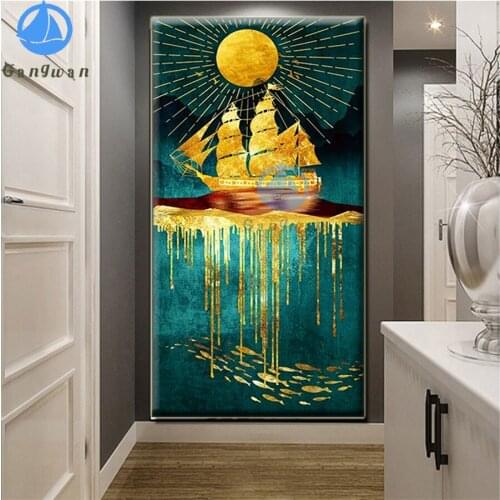 Blue Ocean Gold Sailing Boat Landscape Diamond Painting DIY Crystal Round square Drill Handcrafts Embroidery Puzzle large Decor