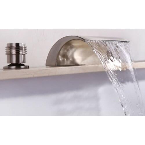 Free ship Brushed nickel 3 Pcs widespread Waterfall Bathroom Roman Bath Tub Filler Faucet deck mounted