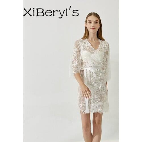 XiBeryls Elegant Full Flower France Lace Bride Honnymoon Robe With Lace Trim