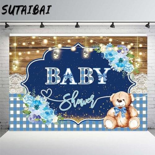Teddy Toy Bear Baby Shower Backdrop Its A Boy Prince Background Blue Bowtie Rustic Wood Lattice Newborn Birthday Party Decor