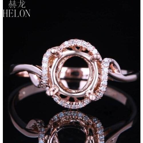 HELON Solid 14K Rose Gold HALO Round 6.5mm Semi Mount Setting 0.1ct Diamonds Engagement Wedding Ring Fashion Fine Jewelry Ring