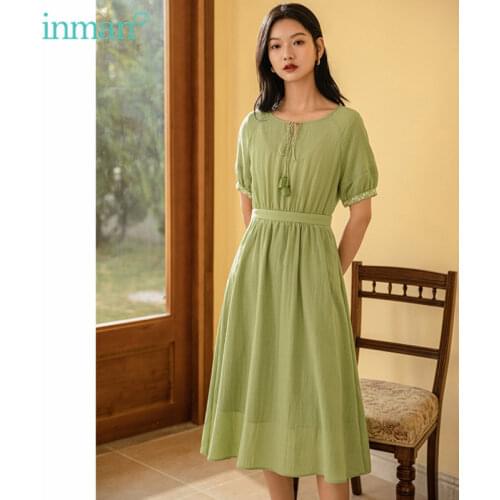 INMAN Summer Dress Women Literary Elegant Tassel Tether Round Collar Embroidered Cuff Hidden Side Zipper Short-Sleeved Clothing