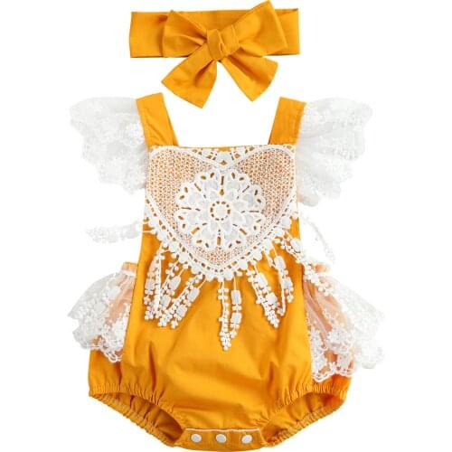 Newborn Romper Toddler Baby Girls Fly Sleeve Lace Flower Decoration Rompers Jumpsuit Bow Headband 2pcs Summer Clothing for 0-18M