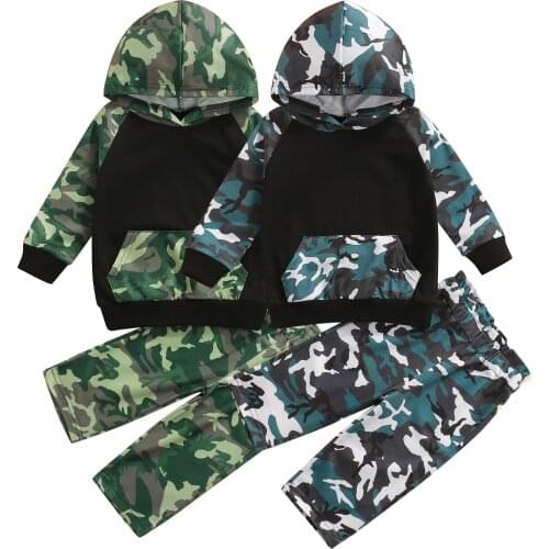 Infant Baby Boy Shirt Pants Suit, Long Sleeve V Neck Hooded Hat Camouflage Front Pocket Shirt Trousers 6M-4T