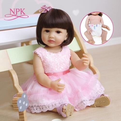NPK 55CM reborn todder doll pink dress lifelike real soft touch full body silicone fashion baby doll