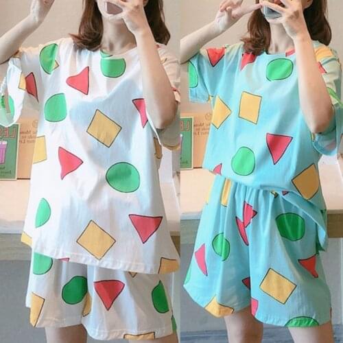 New Women Summer 2pcs Pajamas Set Short Sleeve Crew Neck Pullover Sleepwear Colorful Geometry Pattern Loose Lounge Homewear