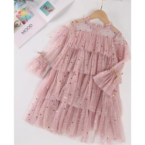 2020 New Girls Dress Fashion Princess Birthday Party Dress Sequins Star Multi-layer Mesh Girls Dresses DT028