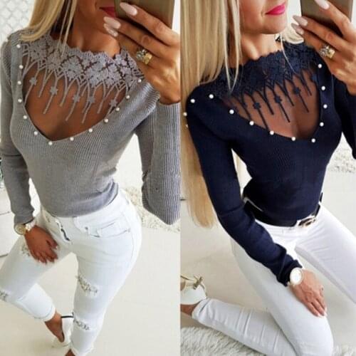 PEONFLY 2021 New Sexy Tight Sweater Women Ladies Fashion Slim Lace Beading Hollow Out Neck Sweater Knitshirt Tops