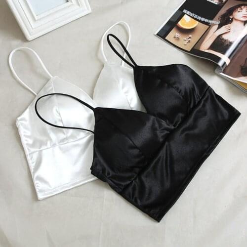 Sexy Satin Bralette Crop Tops Women 2019 Wireless Crochet Top Female T-shirt Spaghetti Strap Cropped With Chest Padded Sweater