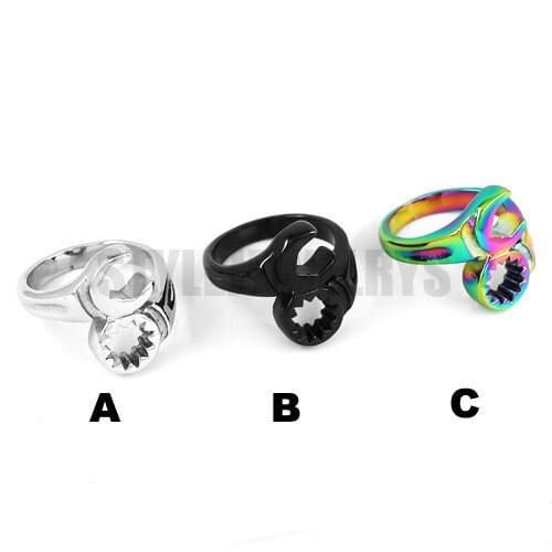 Silver Color Black colorful Jagged Wrench Ring Stainless Steel Jewelry Classic Punk Motor Biker Men Ring Wholesale SWR0415