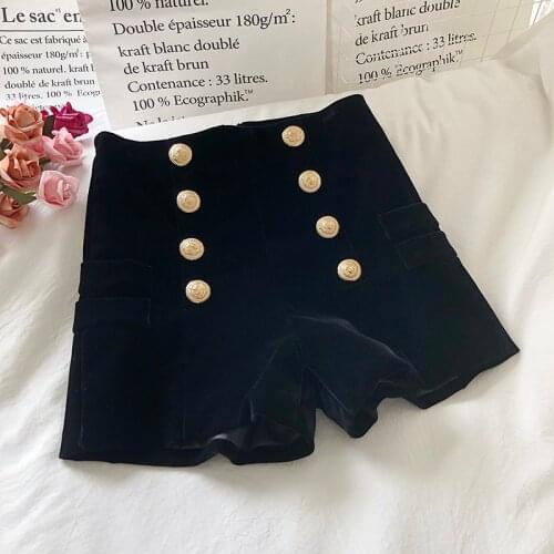 Autumn and winter Korean fashion double-breasted high waist gold velvet wide-leg shorts A-line black casual trousers female
