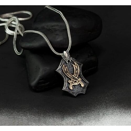 Special Design Vintage Hz. Ali Sword Zulfiqar 925 K Silver Male Necklace