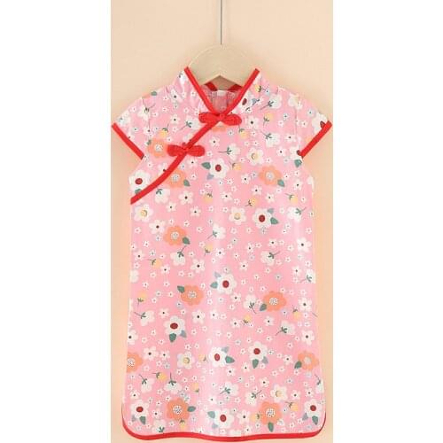Traditional Chinese Cheongsam Childrens Dress Cotton Flower Printed Dress Hidden Zipper Short Sleeve Chinoiserie Kids Qipao New