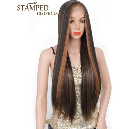 Stamped Glorious Long Straight Synthetic Wigs For Women Middle Part Black Mixed Brown Wig Heat Resistant Pink Purple Cosplay Wig