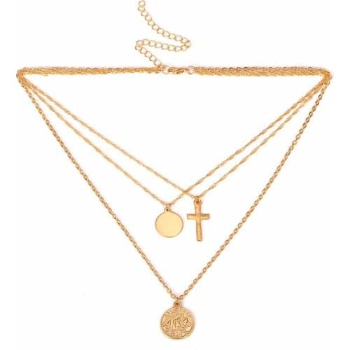 Rongho Vintage multi layer Cross chokers necklaces for women Gold metal coin circle penant necklace Boho bijoux