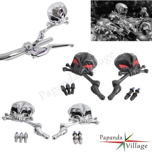 Motorcycle Skull Skeleton Rear View Mirror Black Chrome Red Eye 5/16" 10mm Thread Universal Side View Mirrors For Harley