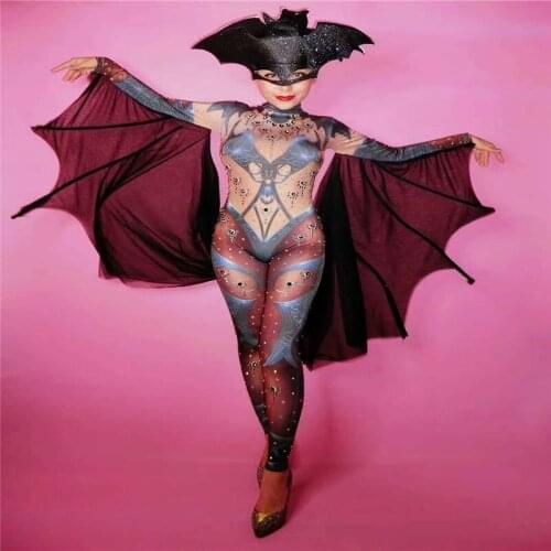 R79 Female satge dance bodysuit singer performance wears bodysuit dj dress cloak Halloween bat jumpsuit party costumes show ds