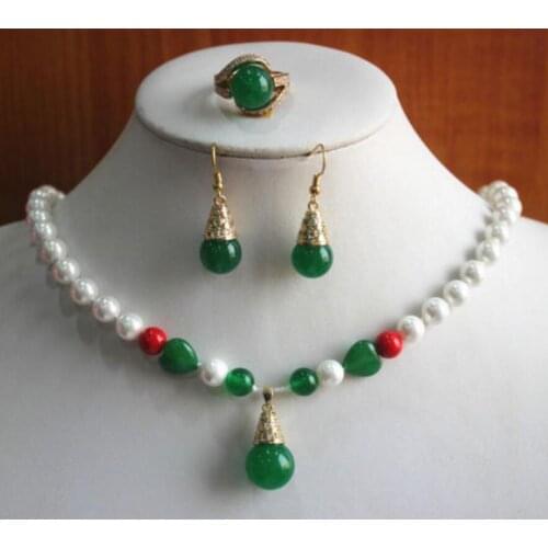 Fashion WomenS 8mm White Pearl And Green jade Necklace Earring Ring Jewelry Set