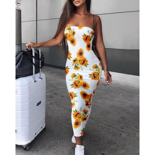 Summer New Off-the-shoulder Sexy Ladies Dress Fashion Womens Sunflower Print Long Tight Dress Casual Wild Sleeveless