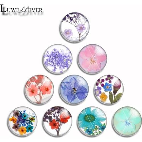 10mm 14mm 16mm 20mm 25mm 461 10pcs/lot Pressed Flower Mix Round Glass Cabochon Jewelry Finding 18mm Snap Button Charm Bracelet