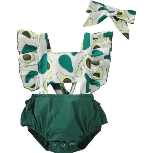 Toddler Baby Girls 2Pcs Summer Cotton Outfits Ruffle Sleeve Avocado Print Backless Bodysuit with Headband Casual Set