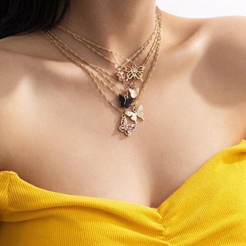 6 Pcs/Set Sweet Crystal Butterfly Pendant Necklace for Women Gold Clavicle Chain Necklace Party Jewelry Gifts